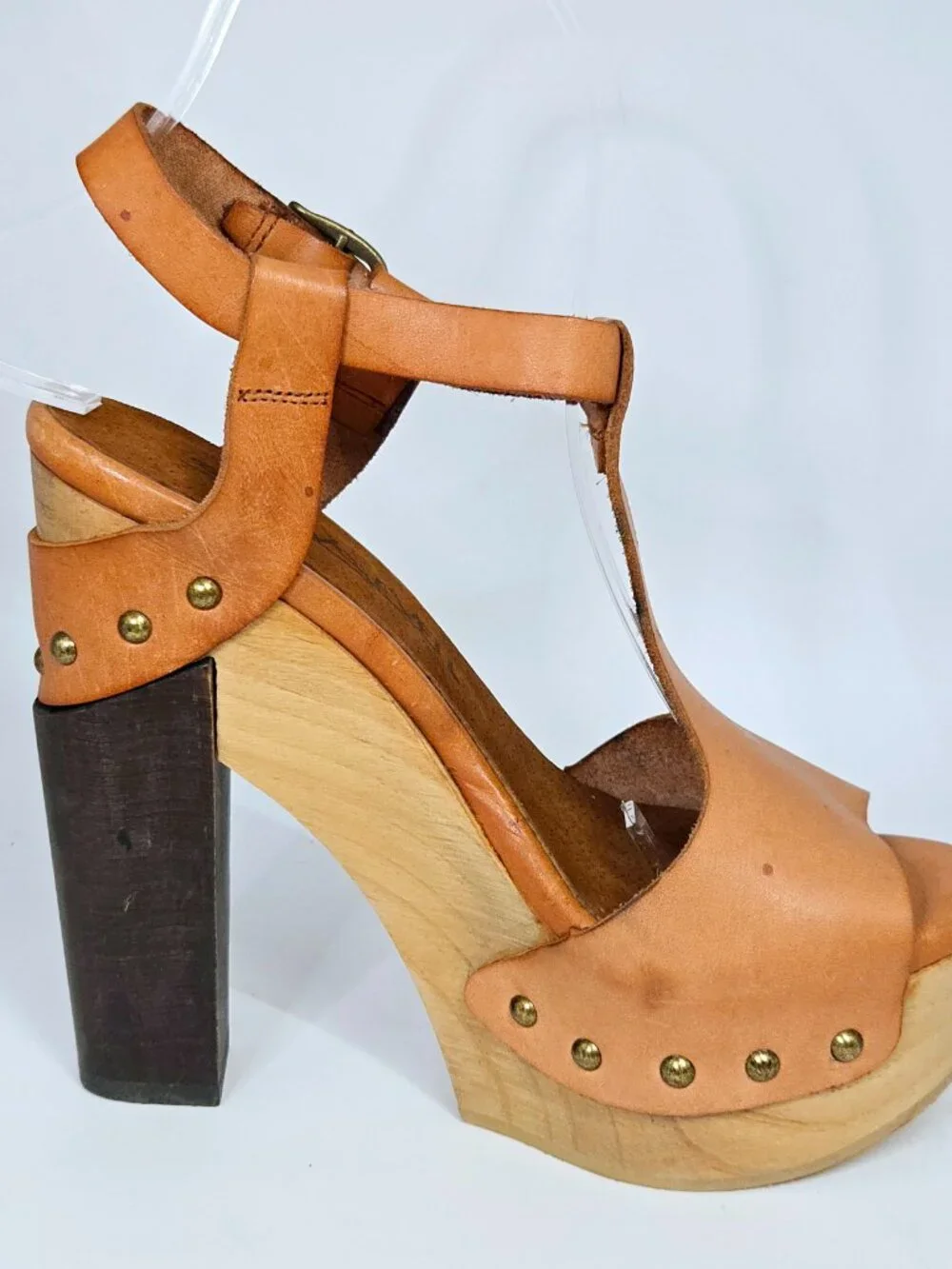 Y2K Sixtyseven Unreleased Sample Tan Leather Studded Platform T Strap Heels 37
